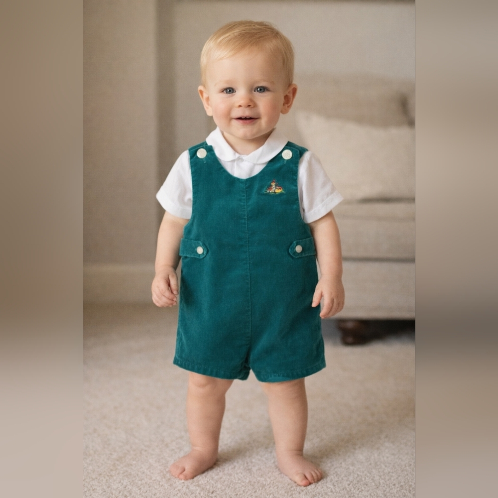 Vintage Green Velvet Baby Romper with White Shirt 24 Month- 1T